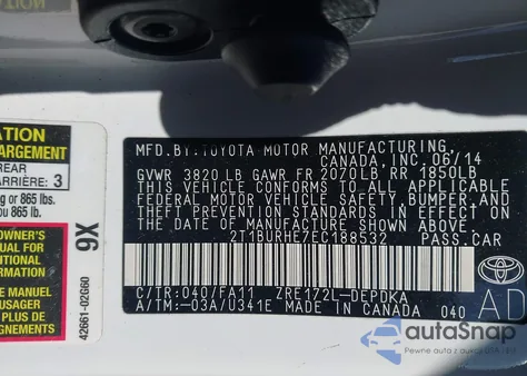 2014 Toyota Corolla L z USA, uszkodzony, nr VIN 2T1BURHE7EC188532